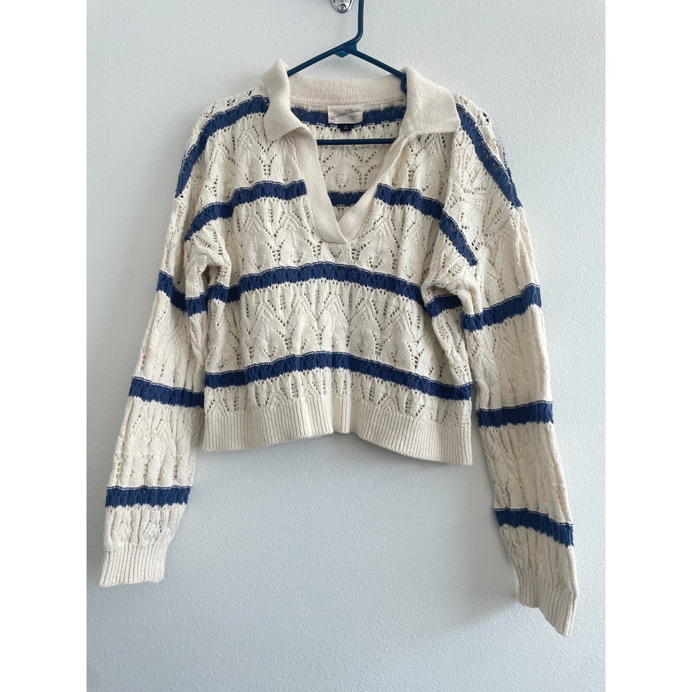 Universal Thread Sweater Women M Striped Polo Crochet Varsity Preppy Beige Ivy